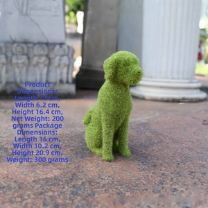 Garden dog statue in green flocked moss texture with detailed dimensions 12x6.2x16.4cm