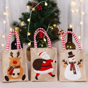 Lot de 3 sacs à vin de Noël en toile de jute avec motifs Père Noël, Renne et Bonhomme de neige