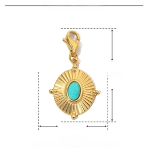 Detailed size parameters of gold stainless steel sun pendant with green turquoise stone