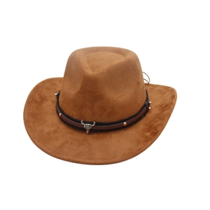 Brown suede western cowboy hat with silver bull skull ornament and gold studs on white background