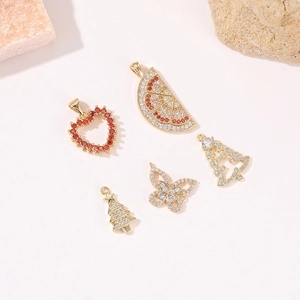 Gold Christmas tree and heart pendants with inlaid cubic zirconia for jewelry making