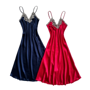 Elegant satin V-neck nightgown with lace trim in navy blue and red colors