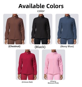 Detail view of high collar fleece jackets in five colors for running and yoga fitness