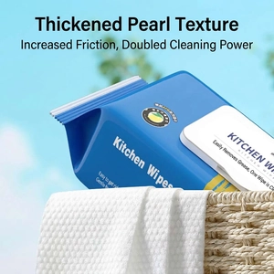 Thick pearl texture kitchen cleaning wipes in blue packaging for oil removal