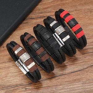 Men Braided Leather Bracelet Double Layer Alloy Magnetic Clasp Punk Hip Hop Casual Wristband Jewelry