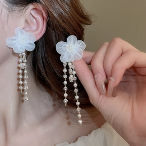Elegant white lace flower earrings with long pearl tassels and crystal beads for women