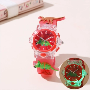 Kids luminous dinosaur watch with red silicone strap and 3D cartoon pattern for students