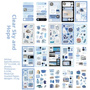 Detail view of 20 blue theme DIY stickers featuring retro English quotes and sky patterns
