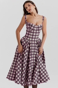Detail of French vintage purple and green plaid strap dress with high waist design