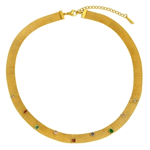 18K gold plated mesh chain necklace with colorful zircon stones on white background
