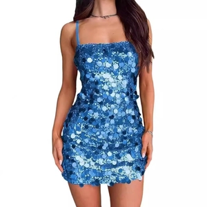 Blue sequin mini dress with spaghetti straps for party and evening events