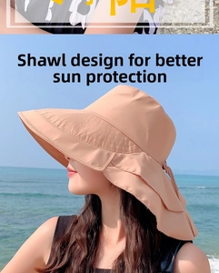 Detail van zonnehoed met brede rand en nekbescherming voor UV-bescherming buiten in khaki