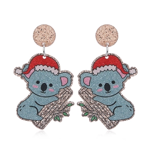 Sparkly Christmas koala earrings with red Santa hats and colorful glitter accents