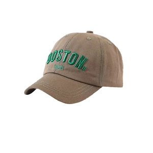 Brown kids cotton baseball cap featuring green Boston 1630 embroidery for toddlers
