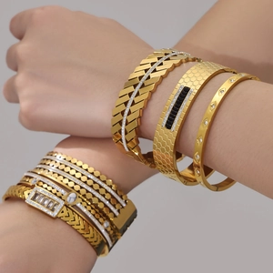Stackable geometric 18k gold plated stainless steel bangles with zircon inlay for women