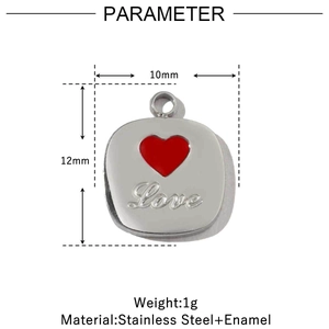 Detailed specs of stainless steel heart charm with red enamel and Love engraving