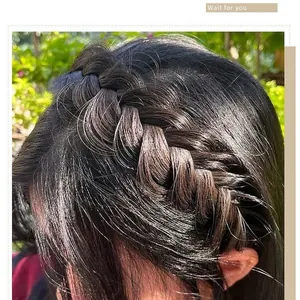 Natural fishbone braid headband for women with glossy dark brown hair texture
