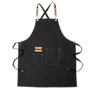 Cotton Canvas Work Apron With Leather Straps Cross Back Heavy Duty Multi Pockets For Barista Barber Chef Crafting Men Women