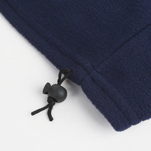 Detail of navy blue fleece neck warmer showing the drawstring and plastic cord lock