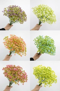 Collage of artificial baby's breath bouquets in purple white orange blue pink and yellow