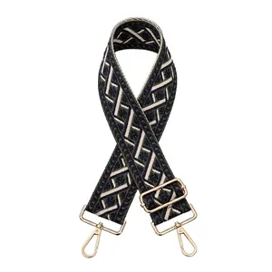 Detail of adjustable geometric jacquard bag strap with gold rotating metal hooks