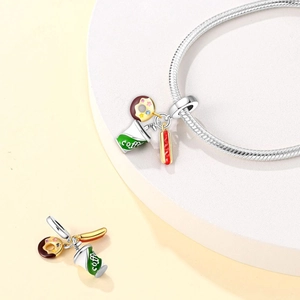 S925 silver food charms featuring doughnut, coffee and hot dog on snake chain bracelet