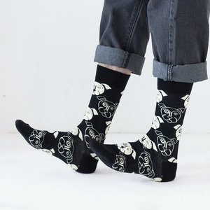 Black cotton crew socks featuring cute all-over white pug dog pattern for men