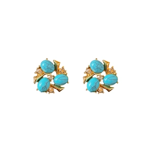 Vintage flower earrings with blue turquoise and rhinestones in gold finish