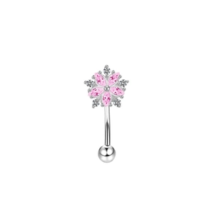 Surgical steel curved eyebrow piercing ring with pink zircon flower petal top decoration