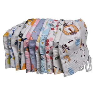 Kids cotton sun hats with various cartoon animal prints and adjustable chin straps