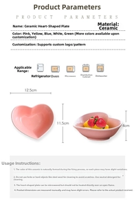 Macro detail of ceramic heart bowl in pink with oven-safe specifications and size info