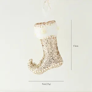 Champagne gold Christmas stocking ornament with glitter sequins and white faux fur trim