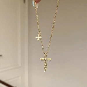 24K gold plated cross necklace with small flower charm and vintage engraved details