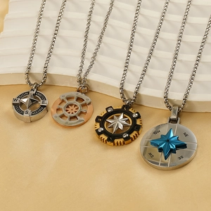 Compass and nautical themed titanium steel necklaces in silver gold black and blue finishes