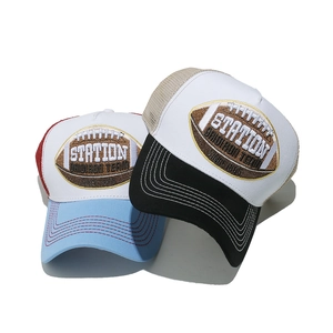 Vintage trucker hats with rugby embroidery featuring mesh back for sun protection