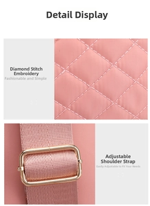 Close-up of pink oxford fabric with diamond embroidery and adjustable strap buckles