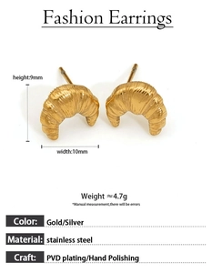 Detailed size and weight specs for gold croissant-shaped stainless steel stud earrings