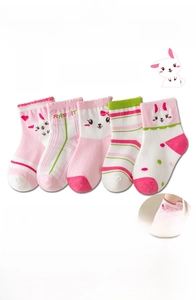 Five-pair set of cotton baby socks featuring cute cartoon rabbit patterns in pink and white