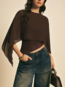 Elegante Chiffon Blouse Voor Dames Met Kaap Mouwen Gelaagd Ontwerp Ronde Hals Losse Pasvorm Effen Kleur