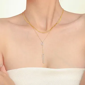 Minimalist Double Layer Pendant Necklace Titanium Steel Gold Plated Hollow Rectangular Zircon Jewelry For Women Elegant