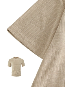 Close-up of khaki short-sleeved polo shirt showing 3D block textured knit fabric details