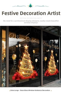Detail of extra large golden Christmas tree window stickers with festive gift boxes