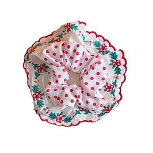 Korean style white plaid hair scrunchie with red polka dots and floral lace embroidery