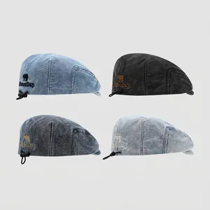 Berretto In Denim Per Bambini Con Ricamo Orso Coulisse Regolabile Tesa Corta Stile Retro Streetwear Ragazzi Ragazze