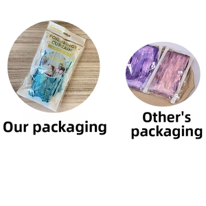 Detail of colorfast foil fringe curtains in retail card and bulk plastic packaging