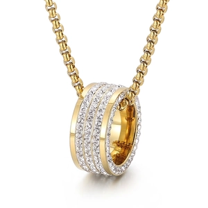 Cylindrical Ring Pendant Necklace Stainless Steel With Shiny Rhinestones Hip Hop Street Style Jewelry For Men Women