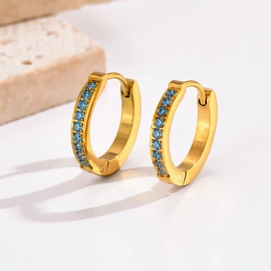 Gold hoop earrings for women with light blue zircon row on stainless steel metal