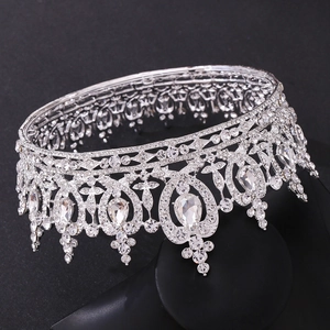 Macro detail of bridal crown with sparkling silver rhinestones and crystal drop accents
