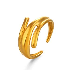 Anello aperto multistrato in oro lucido con design minimalista e ondulato per donna