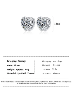 Detailed size and material specification chart for heart-shaped zircon hoop earrings